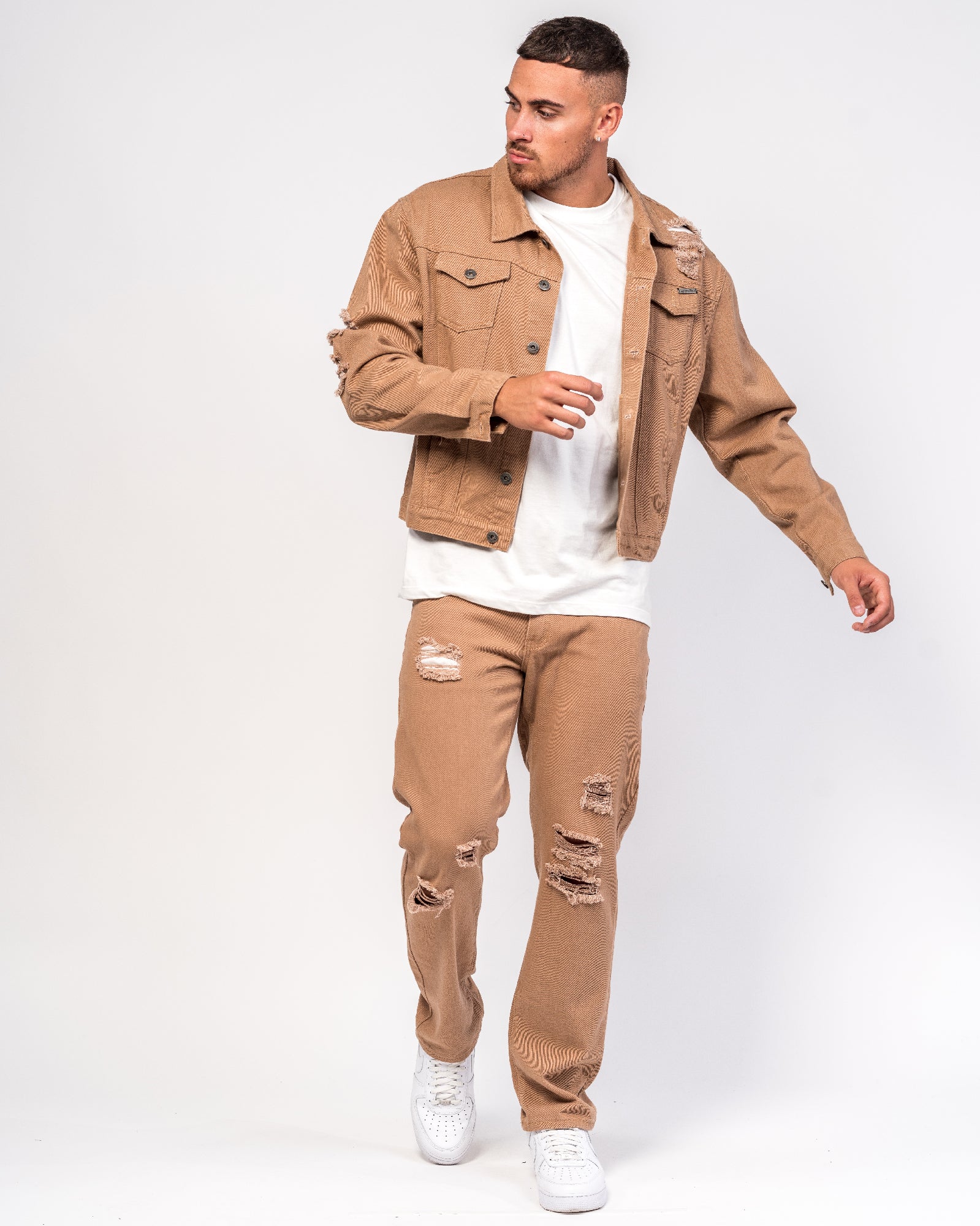 Straight Leg Tan Distressed Denim Jeans