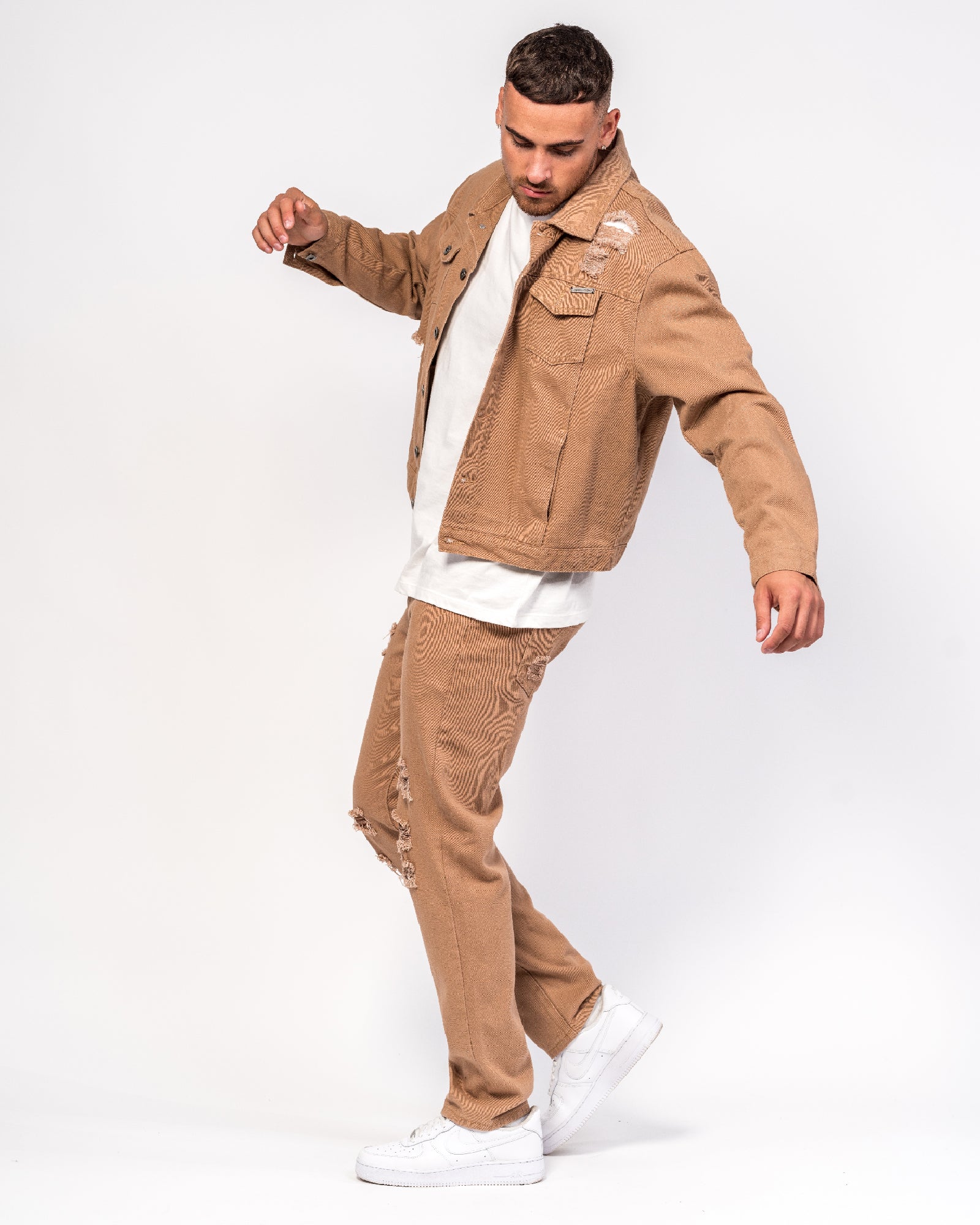 Straight Leg Tan Distressed Denim Jeans