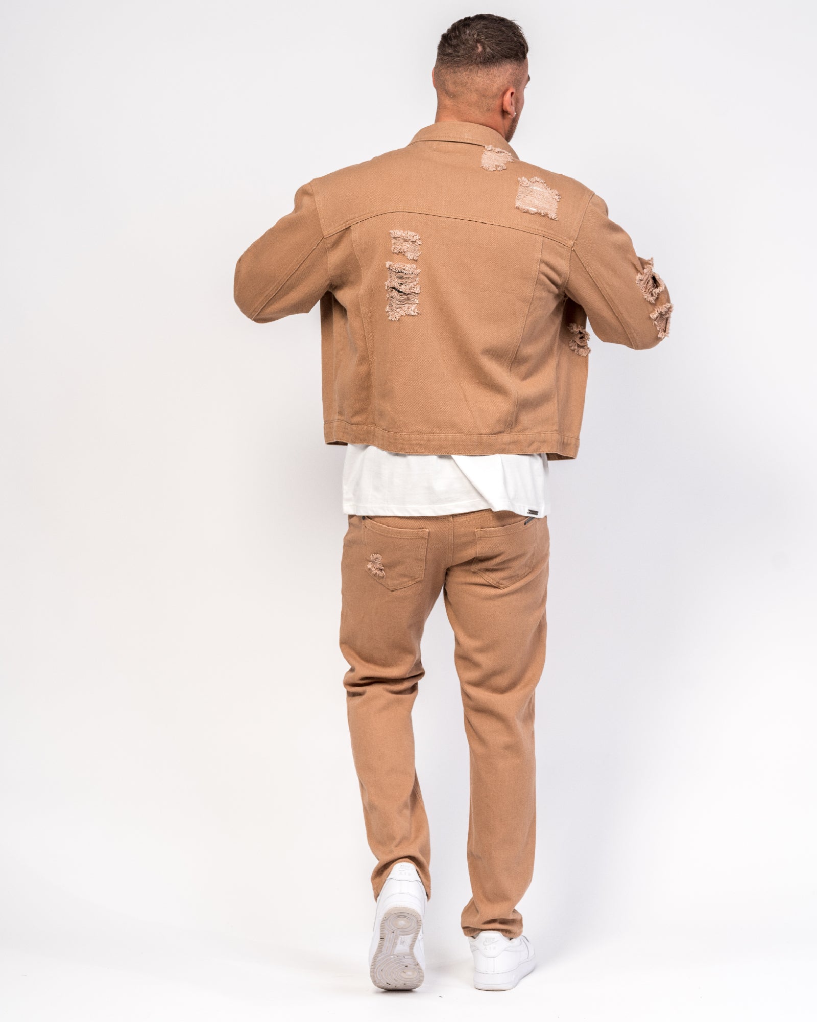 Straight Leg Tan Distressed Denim Jeans