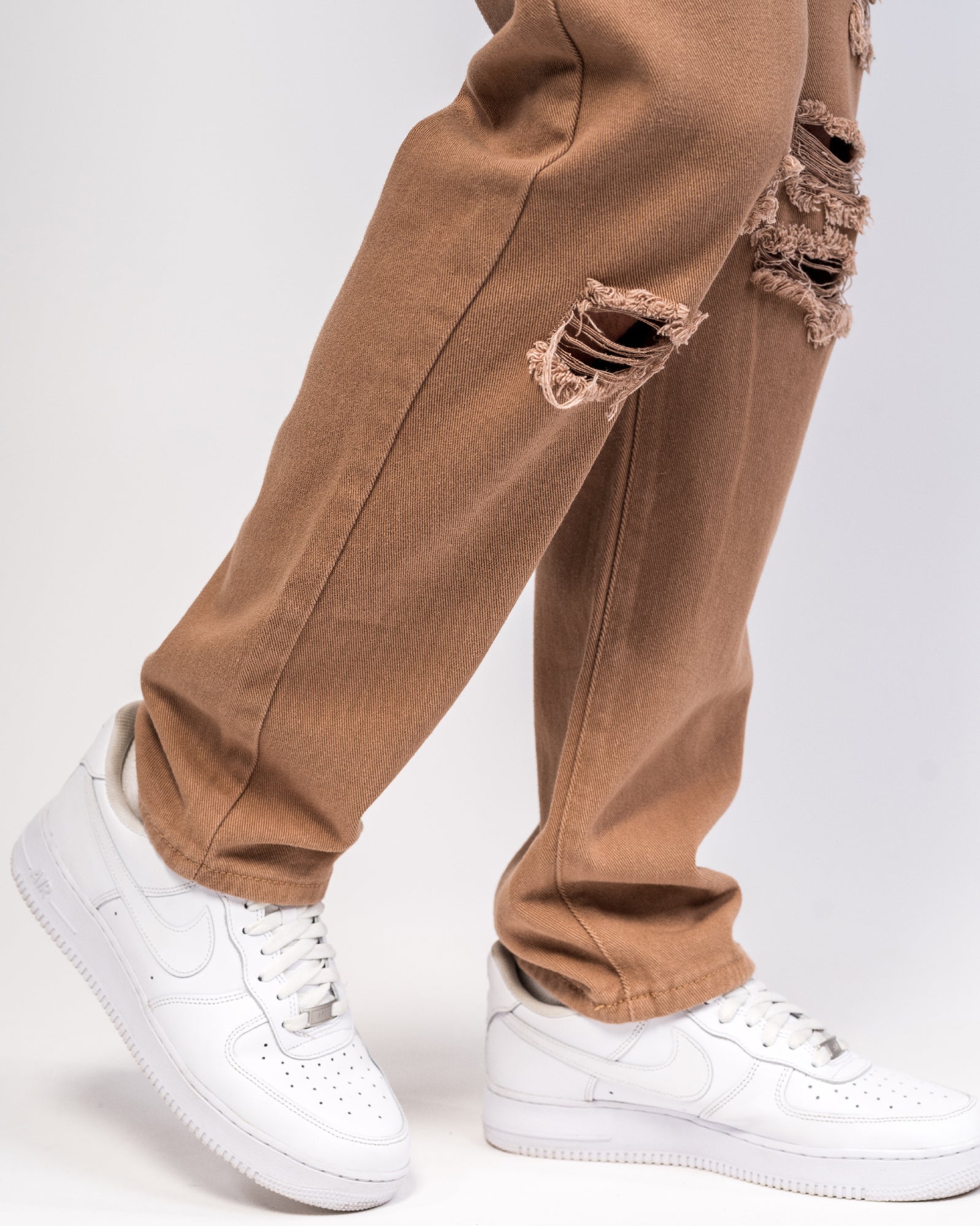 Straight Leg Tan Distressed Denim Jeans