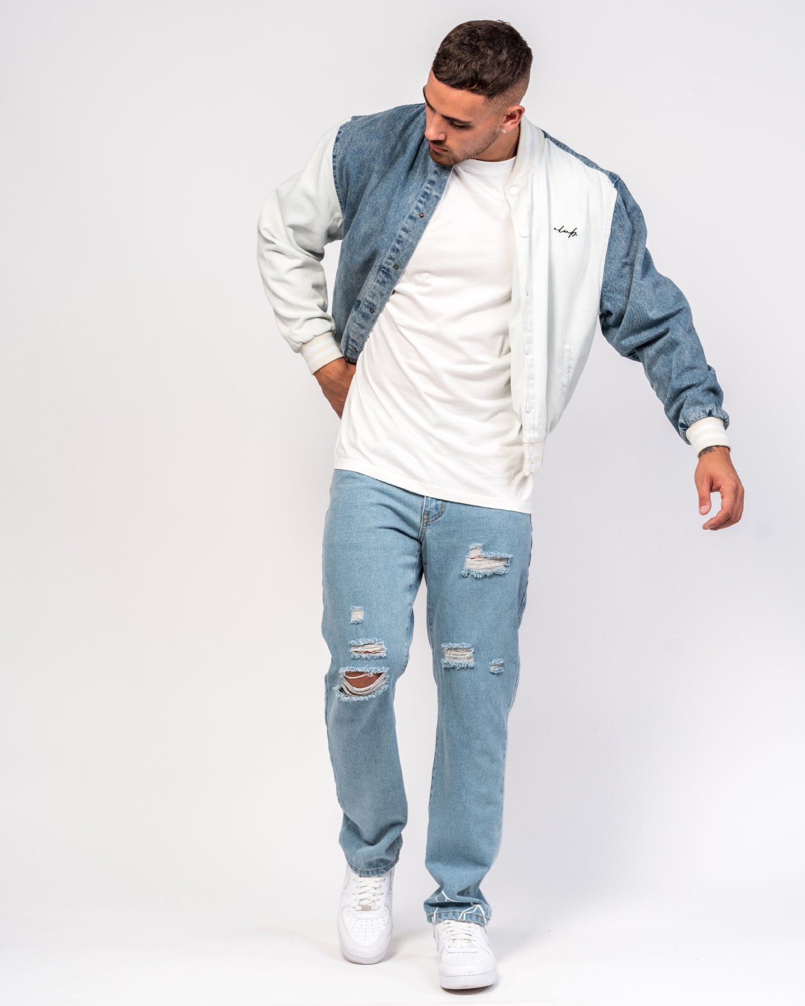 'Most Valuable Player' Denim Spliced Bomber Jacket