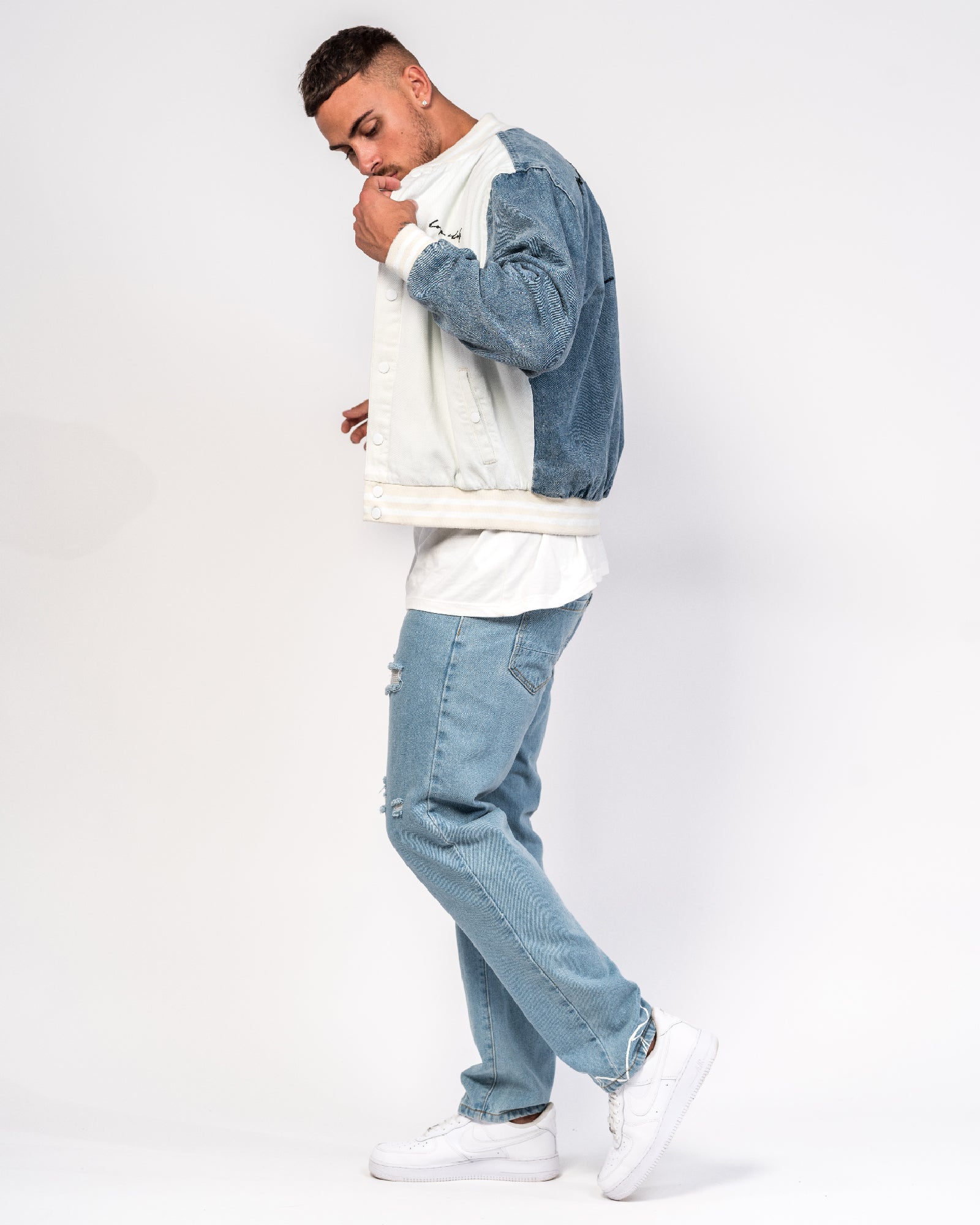 'Most Valuable Player' Denim Spliced Bomber Jacket