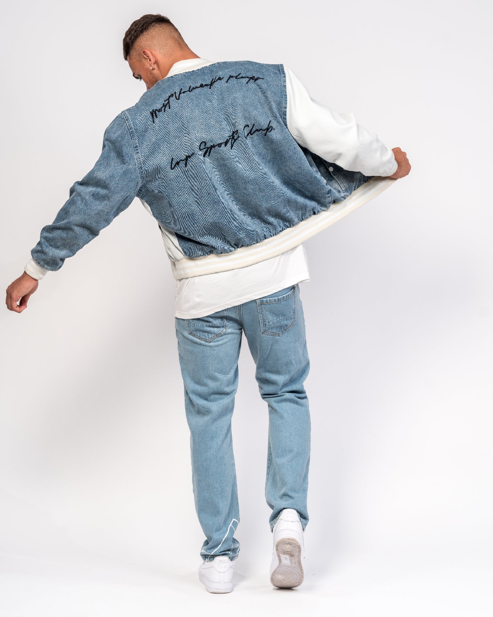 'Most Valuable Player' Denim Spliced Bomber Jacket
