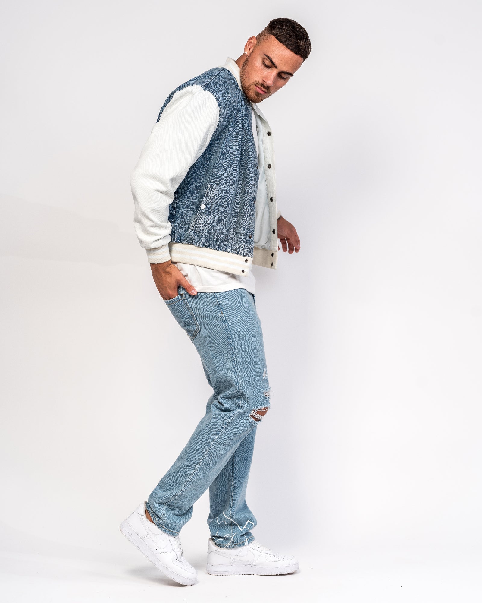 'Most Valuable Player' Denim Spliced Bomber Jacket