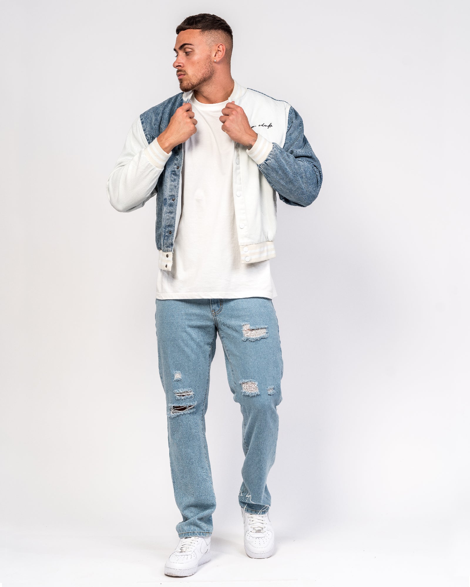 'Most Valuable Player' Denim Spliced Bomber Jacket