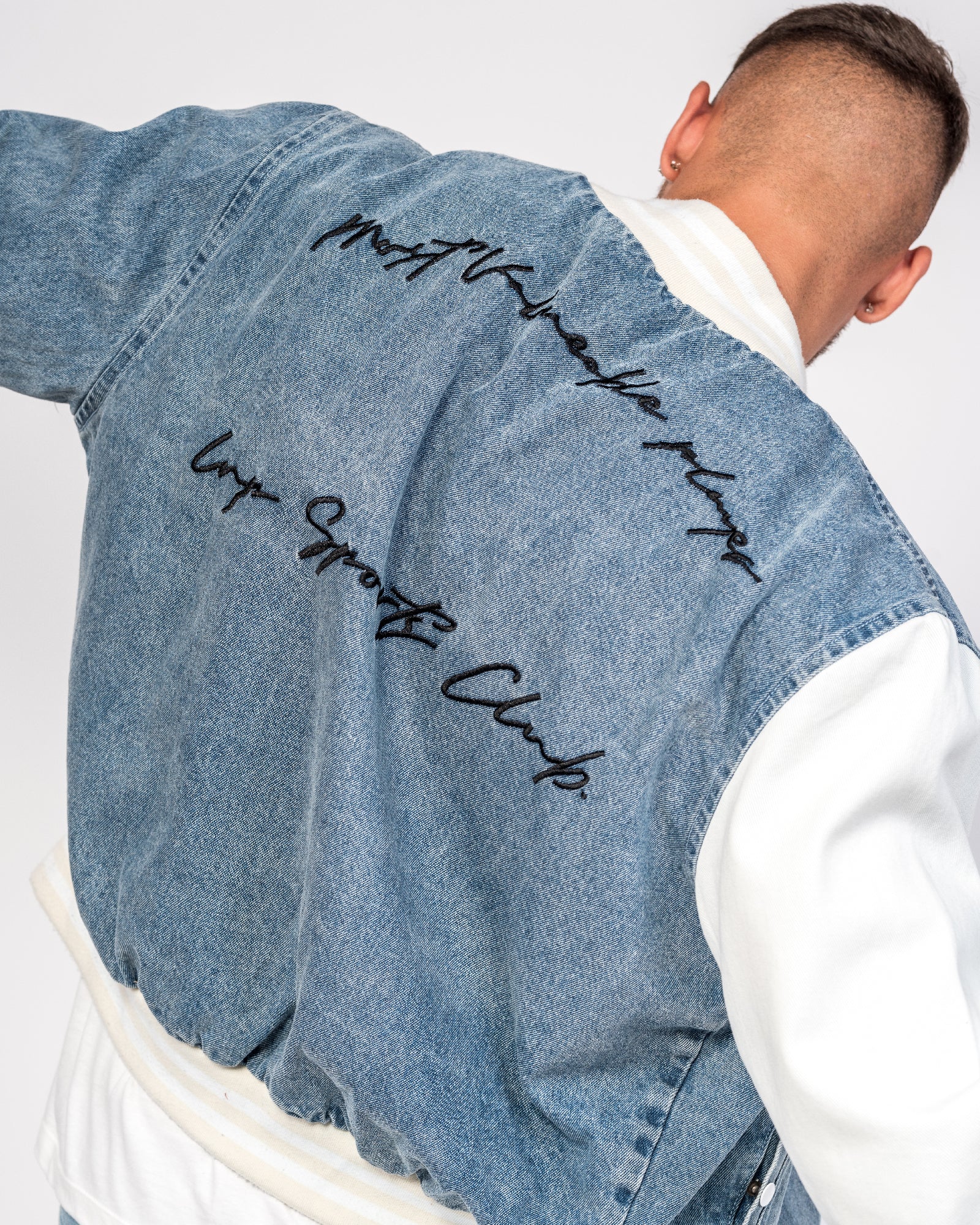 'Most Valuable Player' Denim Spliced Bomber Jacket