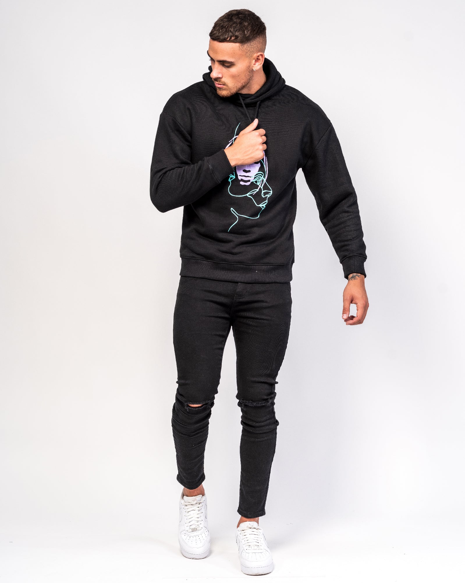 Illustrated Faces Relaxed Black Hoody