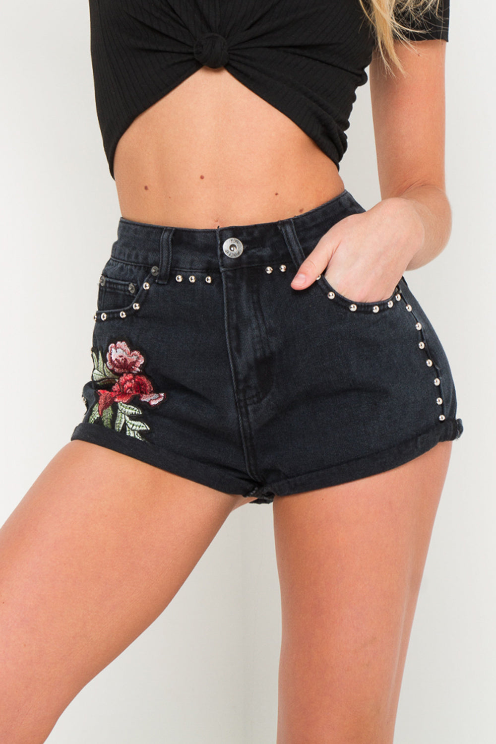 Texas High Rise Denim Shorts With Rose Applique And Studs