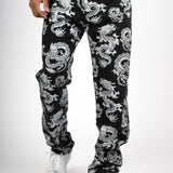 All-Over Dragon Print Straight Leg Black Jeans
