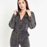 All The Feels - Denim Boilersuit In Acid Wash Black
