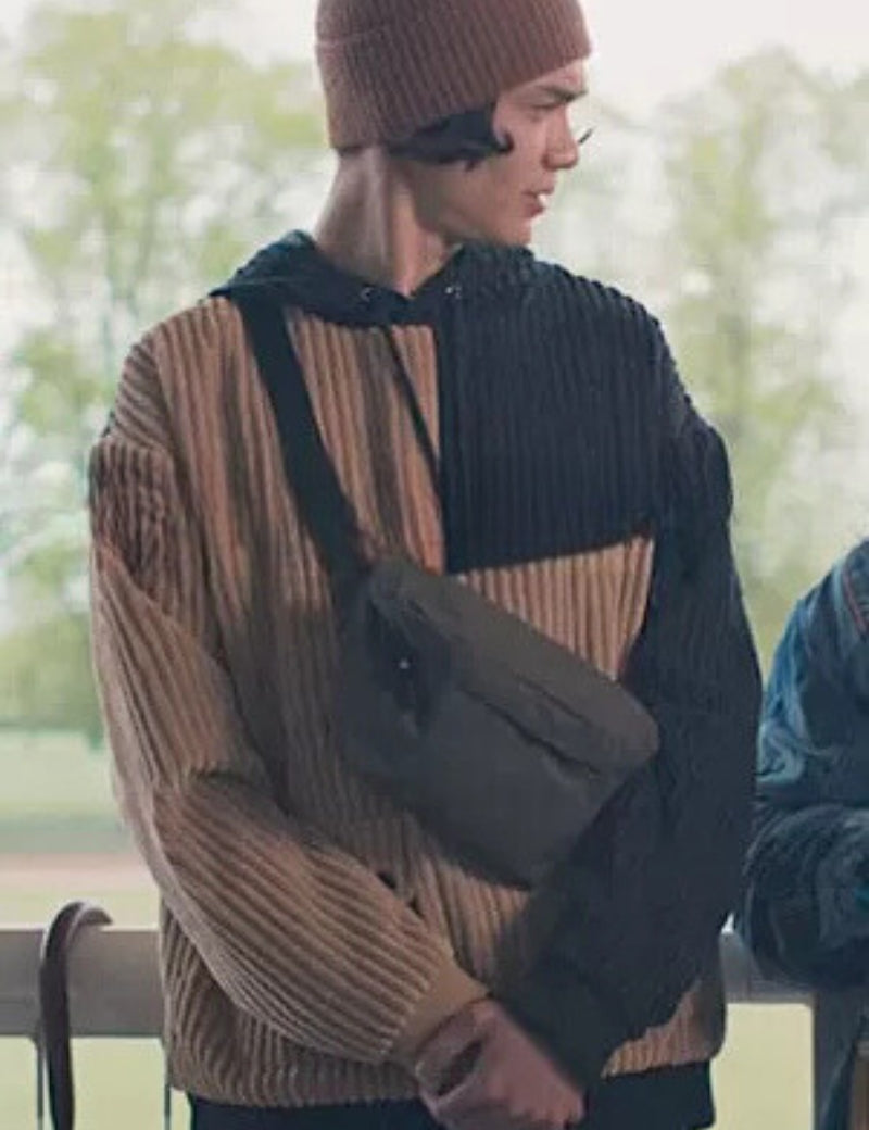 TAO XU WEARS LNP'S PATCHWORK CORDUROY HOODIE ON HEARTSTOPPER