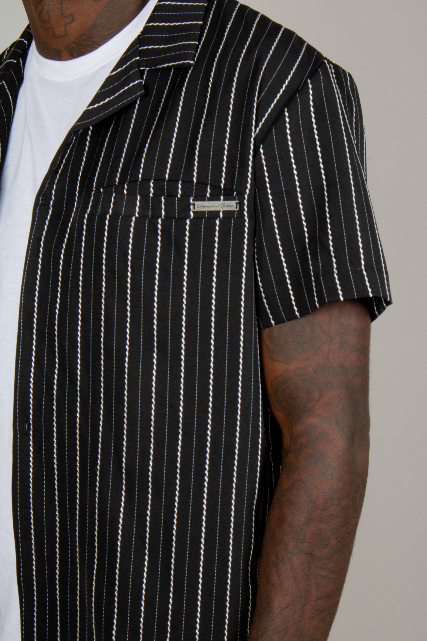 Black Pinstripe Revere Collar Short Sleeve Shirt