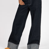 Raw Indigo Mid Rise Contrast Stitch Baggy Jeans