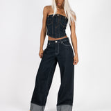Raw Indigo Mid Rise Contrast Stitch Baggy Jeans