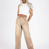 Sand Wash Brown Contrast Stitch Barrel Varsity Jeans