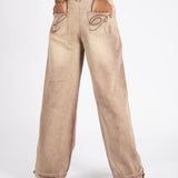 Sand Wash Brown Contrast Stitch Barrel Varsity Jeans
