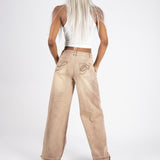 Sand Wash Brown Contrast Stitch Barrel Varsity Jeans