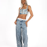 Bleach Wash Low Rise Baggy Jeans
