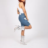 Denim Boyfriend Shorts With All Over Embellishment
