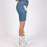 Denim Boyfriend Shorts With All Over Embellishment