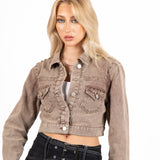 Washed Brown Stud Detail Cropped Denim Jacket