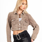 Washed Brown Stud Detail Cropped Denim Jacket