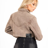Washed Brown Stud Detail Cropped Denim Jacket