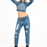 Multi Blue Denim Contrast Panel Crop Denim Jacket