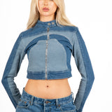 Multi Blue Denim Contrast Panel Crop Denim Jacket
