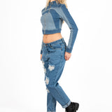 Multi Blue Denim Contrast Panel Crop Denim Jacket