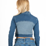 Multi Blue Denim Contrast Panel Crop Denim Jacket