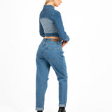 Multi Blue Denim Contrast Panel Crop Denim Jacket