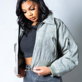 Roxy Oversized Nylon Bomber Jacket in Grey