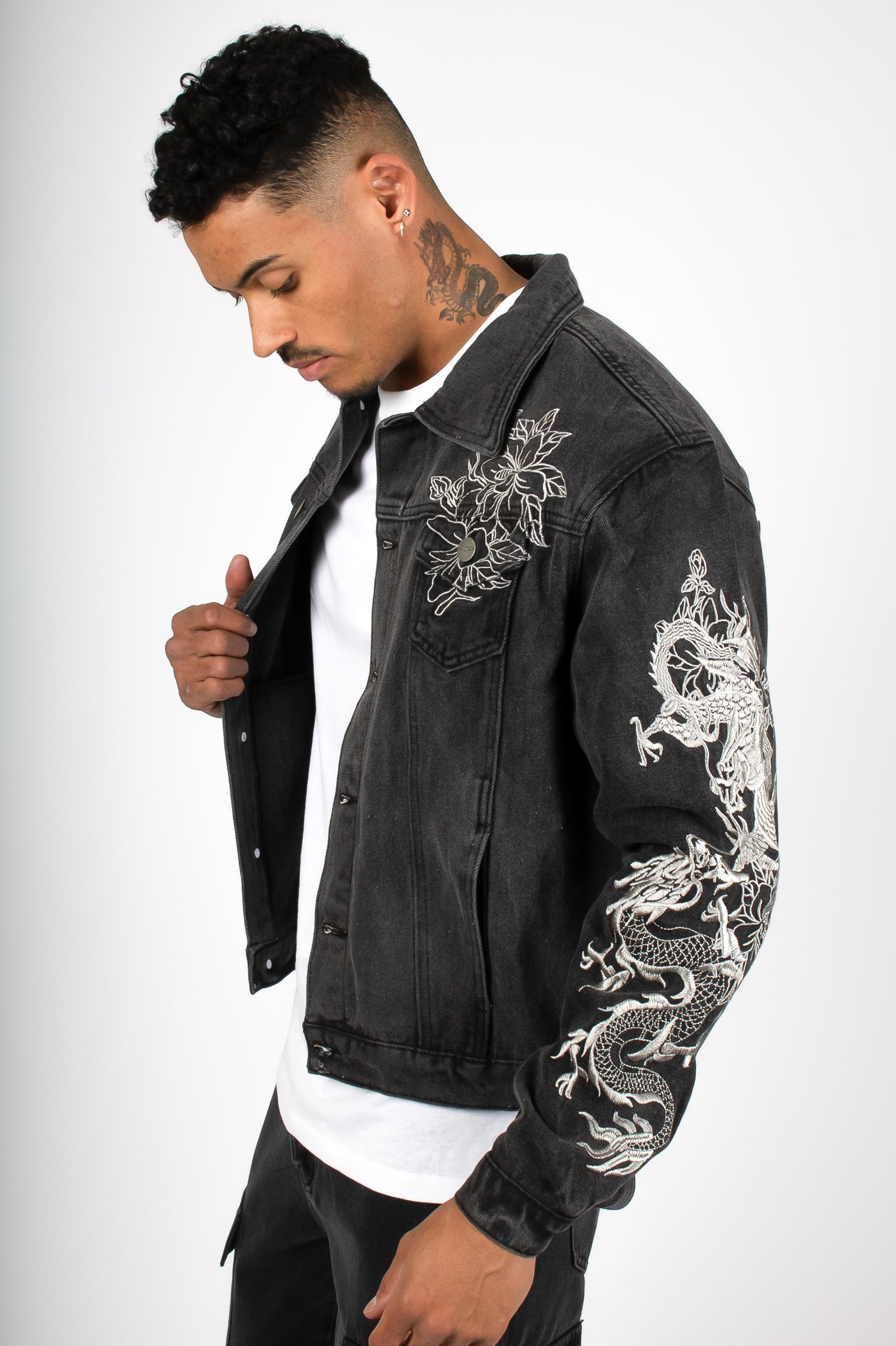 A World Dynasty Oversized Denim Jacket in Washed Black