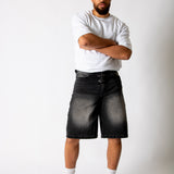 Washed Black Fireman Buckle Denim Jorts