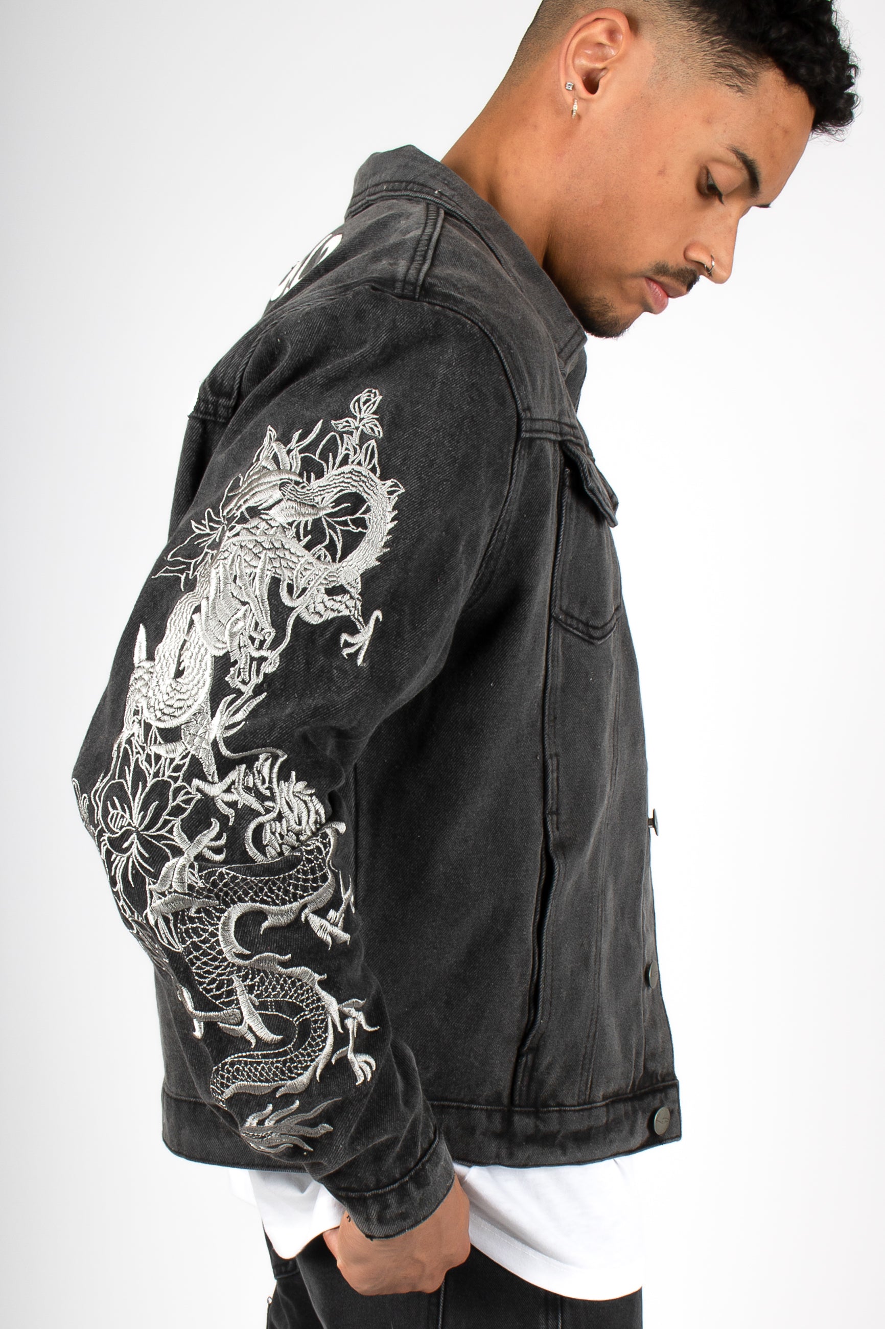 A World Dynasty Oversized Denim Jacket in Washed Black