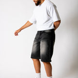 Washed Black Fireman Buckle Denim Jorts