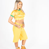 YELLOW DENIM VARSITY JORTS