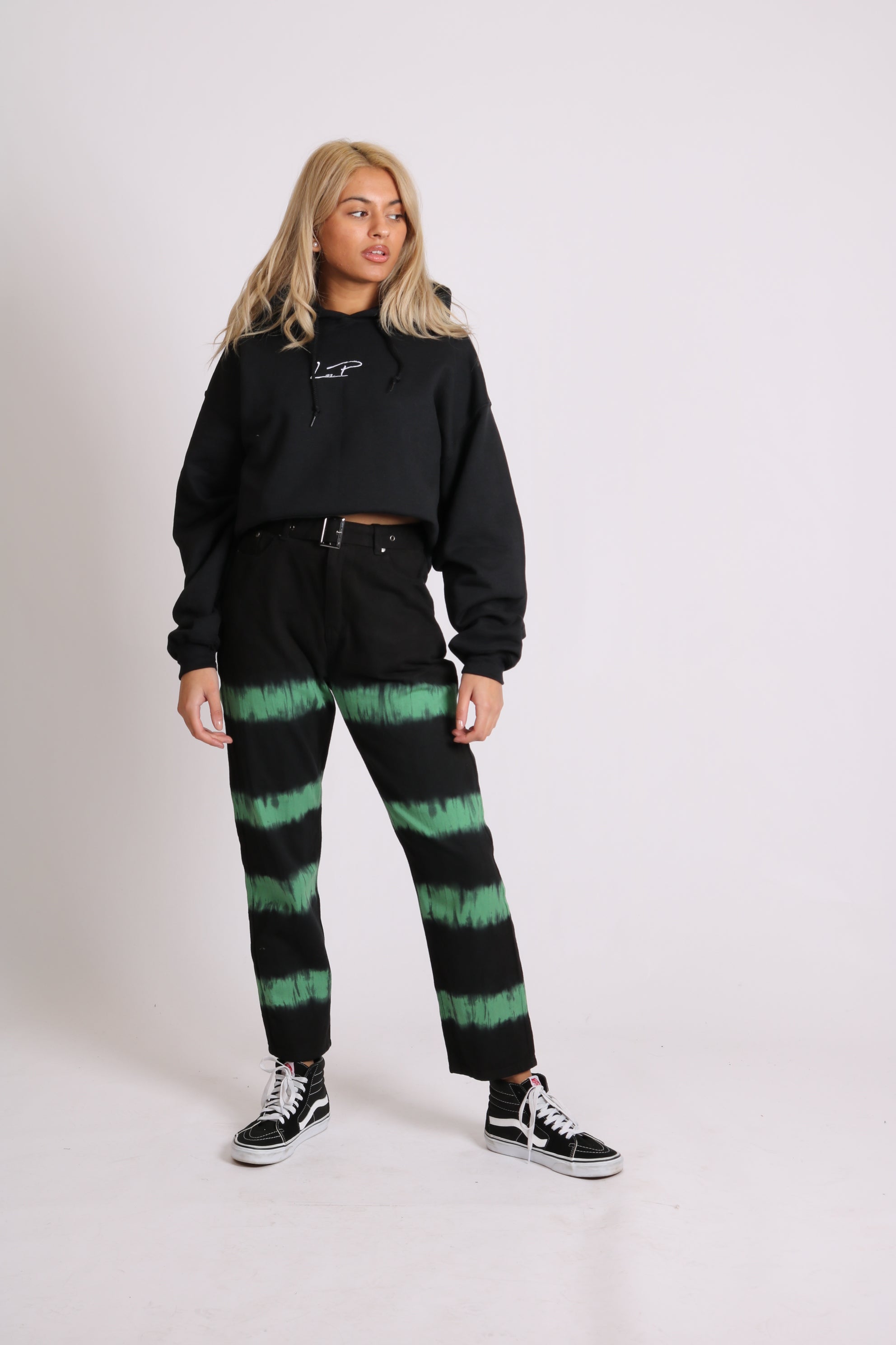 Minty Wide Leg Jeans In Black With Tie Dye Stripe