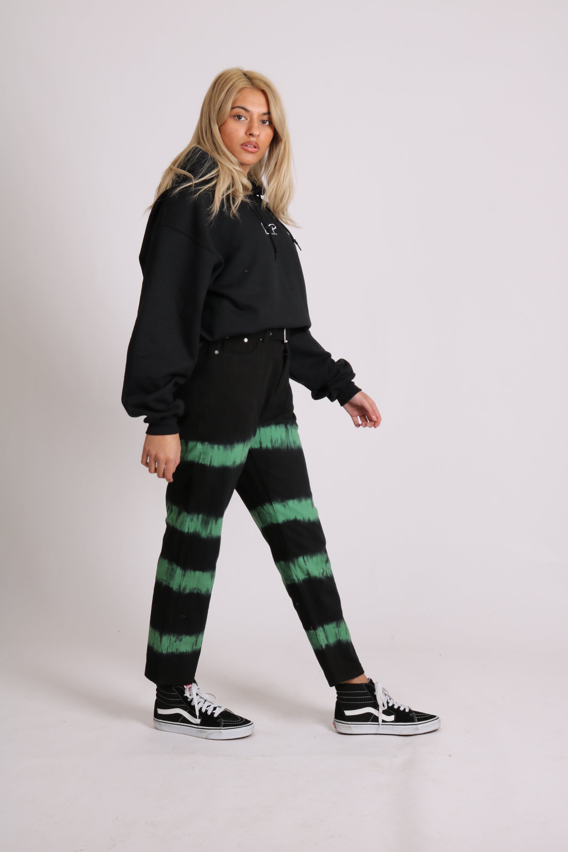 Minty Wide Leg Jeans In Black With Tie Dye Stripe