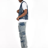 Blue Textured Camo Denim Gilet Vest