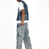 Blue Textured Camo Denim Gilet Vest