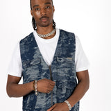 Blue Textured Camo Denim Gilet Vest