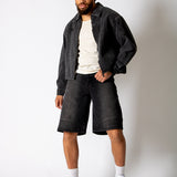 Black Boxy Denim Jacket With Seam Detail