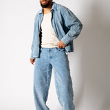 Washed Blue Corduroy Baggy Jeans With Back Pocket Logo Embroidery
