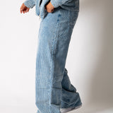 Washed Blue Corduroy Baggy Jeans With Back Pocket Logo Embroidery