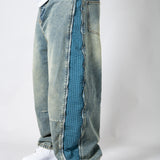 ONYX - Zip-Down Check Baggy Jeans with Blue & Orange Check Panel