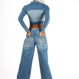 Multi Blue Denim Contrast Panel Crop Denim Jacket