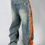 ONYX - Zip-Down Check Baggy Jeans with Blue & Orange Check Panel