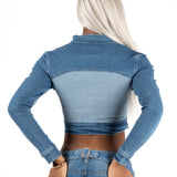 Multi Blue Denim Contrast Panel Crop Denim Jacket
